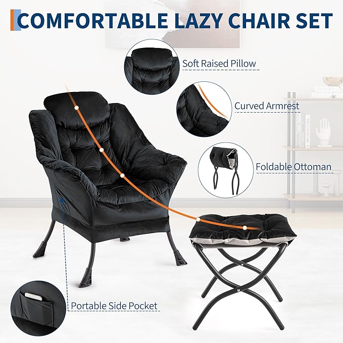 GarveeHome Lazy Chair with Ottoman, Modern Lounge Accent Chair, Leisure Sofa Armchair with Footrest, Reading Armchair with Side Pocket for Living Room, Bedroom, Dorm & Office (Black)