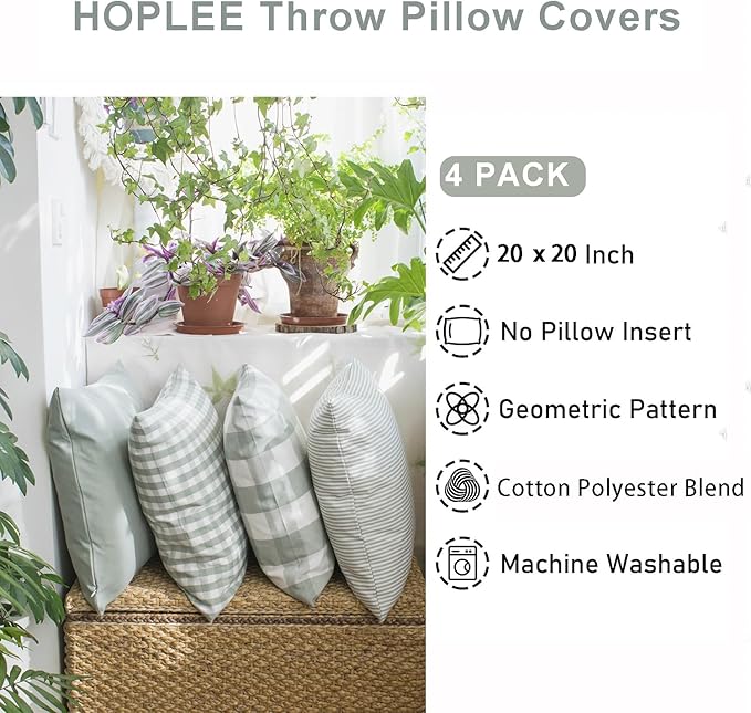 HOPLEE Farmhouse Sage Green Fall Pillow Covers 20x20 Cushion Cover with Buffalo Plaid, Solid Sage Green, Striped and Gingham Plaid Design 20x20 inch,4 Pack