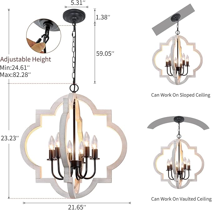 21'' Farmhouse Wood Chandelier, 6-Light Distressed White Dining Room Light Fixture, Adjustable Height Rustic Wood Orb Chandelier for Kitchen Island Foyer Living Room Bedroom Entryway