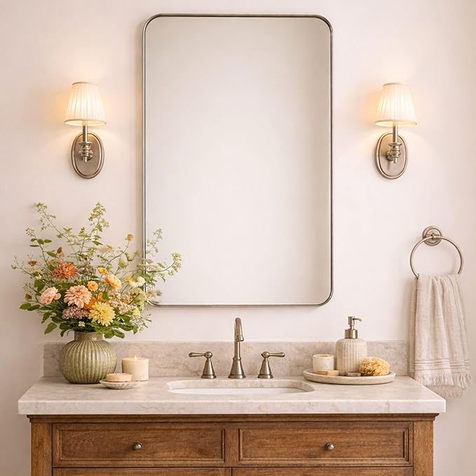 GRACTO 24x30'' Brushed Nickel Metal Framed Bathroom Mirror for Wall in Stainless Steel Rounded Rectangular Bathroom Vanity Mirrors Wall Mounted