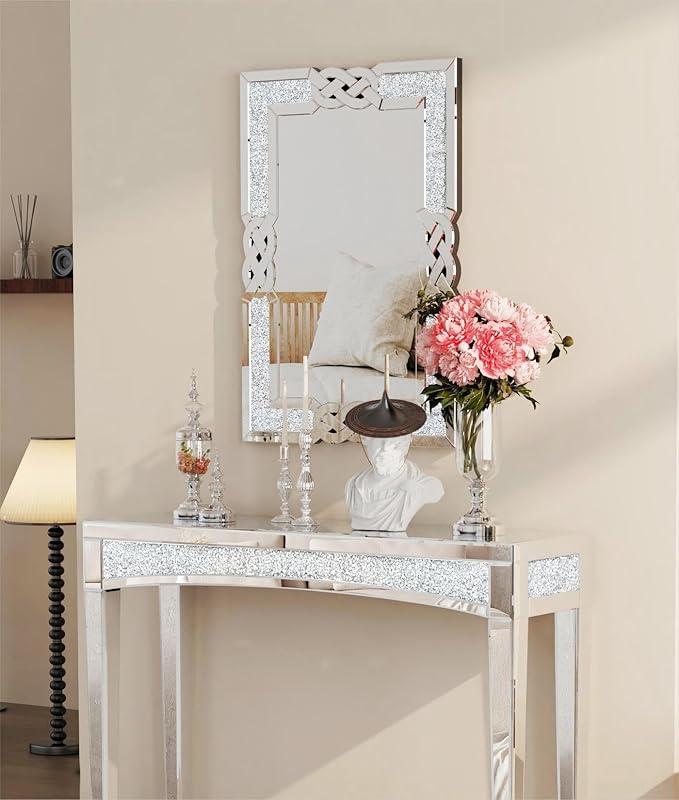 Crushed Diamond Mirror Silver Vanity Rectangular Wall Decor 40x28 inch