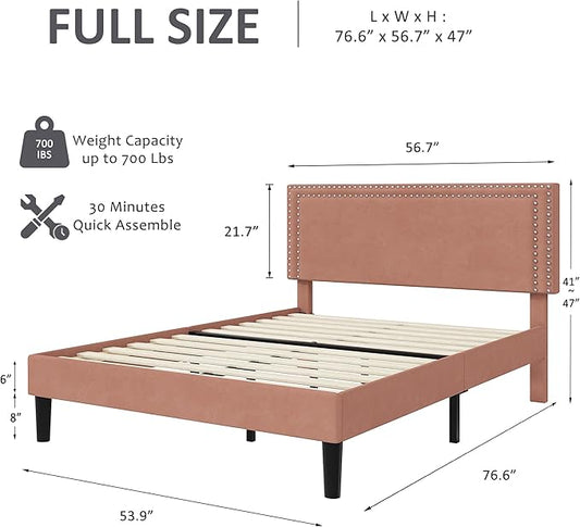 VECELO Full Size Bed Frame with Adjustable Upholstered Headboard, Wooden Slats Platform, Noise-Free Design, Easy Assembly
