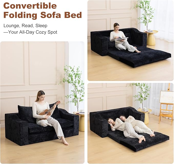 61" Convertible Sofa Bed Loveseat, Memory Foam Boneless Floor Couch with Removable Plush Velvet Cover, Tri-folding Compact Full-size Sleeper for Small Living Room, Playroom, Guest Room, RV (Black) | Convertible Sofa Bed, Premium Memory Foam, Ergonomic ...