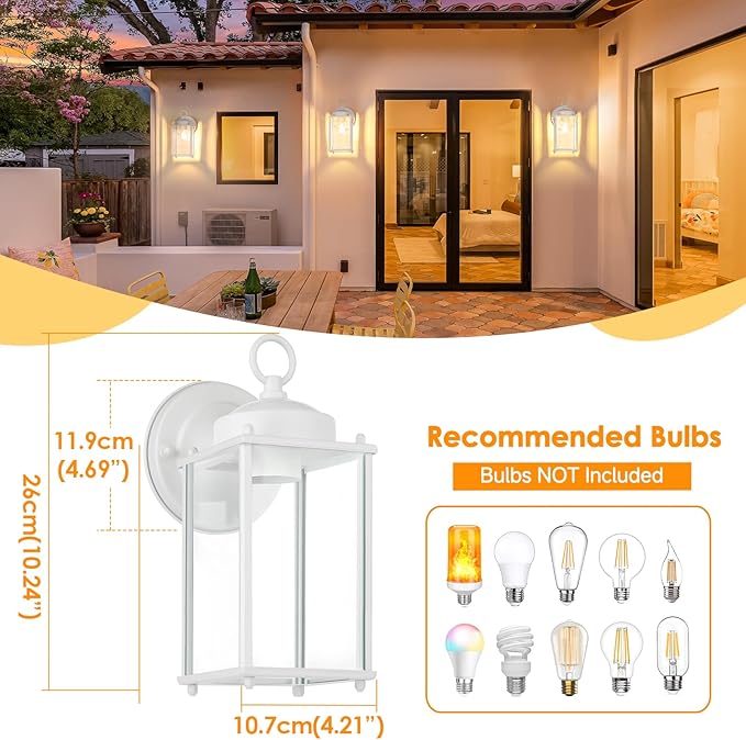 Large Outdoor Wall Lantern, Exterior Waterproof Wall Sconce Light Fixtures, White Front Door Lighting with Clear Beveled Glass, Anti-Rust E26 Socket Porch Lamp, 2 Pack