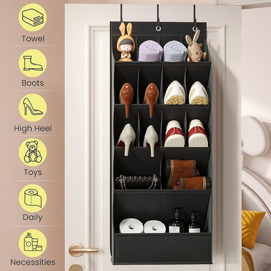 15 Pockets Over the Door Shoe Organizer, Shoe Rack for Closet Door with Large Breathable Pockets, Hanging Shoes Rack for Boots Size, Behind the Door Organizer Shoe Holder for Flexible Storage, Black