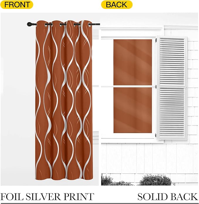 NICETOWN Burnt Orange Fall Blackout Curtain Panels for Cafe, W52 x L63 inch, Thermal Insulated Wave Line Foil Printed Design Drapes for Glass Window, 2 Panels