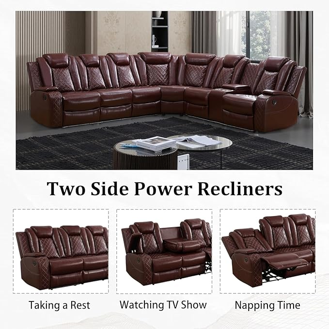Power Recliner Sectional Sofa with LED, Breathing Leather Reclining Sectional Couch, L Shaped Couch with Dual Recliners, USB Port, Cup Holder&Storage (Garnet, Sectional+Loveseat(8 Seats))