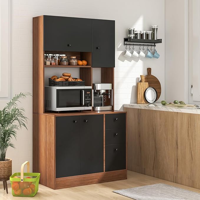 Giantex Kitchen Pantry, Buffet Hutch with 3 Storage Cabinet, 71'' Floor Large Cupboard with 3 Deep Drawers, Wide Countertop, Adjustable Shelves, Tall Sideboard (Walnut & Black)