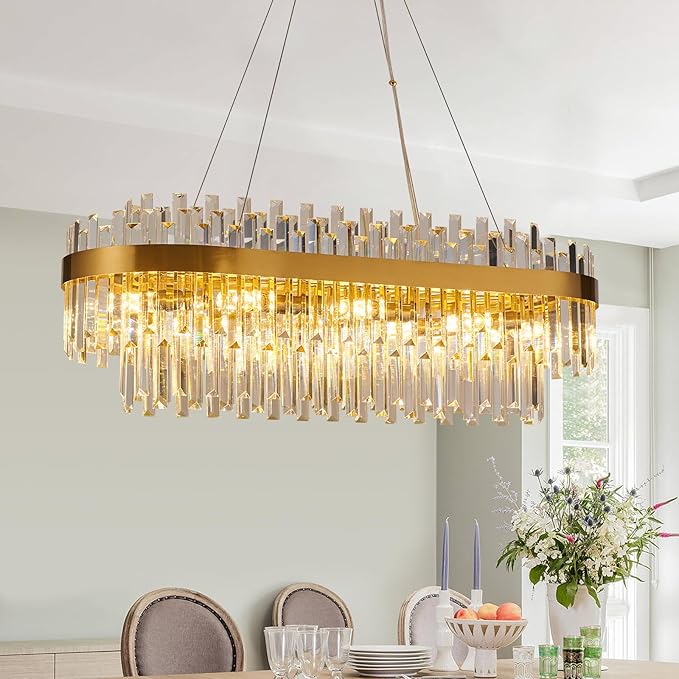 Gold Crystal Chandelier for Dining Room, 35.4" Modern Luxury 2-Tier K9 Crystal Oval Chandelier, 10-Light E12 Base Pendant Light, Height Adjustable for Kitchen Island Living Room Light Fixture