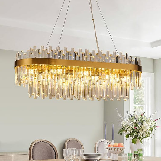 Gold Crystal Chandelier for Dining Room, 35.4" Modern Luxury 2-Tier K9 Crystal Oval Chandelier, 10-Light E12 Base Pendant Light, Height Adjustable for Kitchen Island Living Room Light Fixture