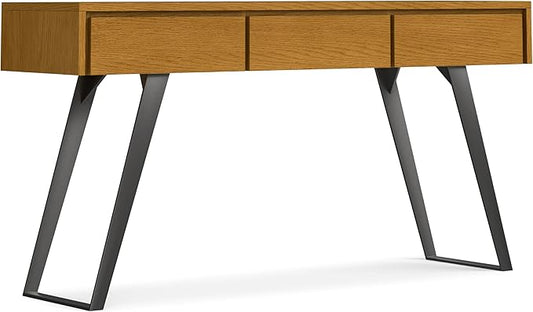 SIMPLIHOME Lowry Console Table - 60 Inch Wide Solid Oak Veneer and Metal Sofa Table in Oak, Modern Industrial Storage Table for Entryway or Living Room with 3 Drawers and Angled Metal Legs