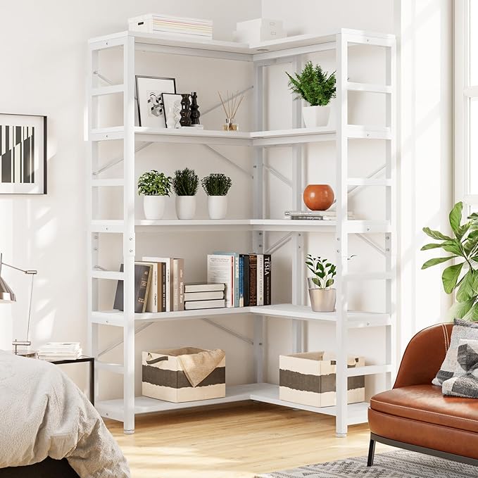 NUMENN 5 Tier Corner Bookshelf, Modern Corner Bookcase, Large Open Shelf Bookcase, Tall Bookshelves Storage Display Rack for Bedroom, Living Room and Home Office, White