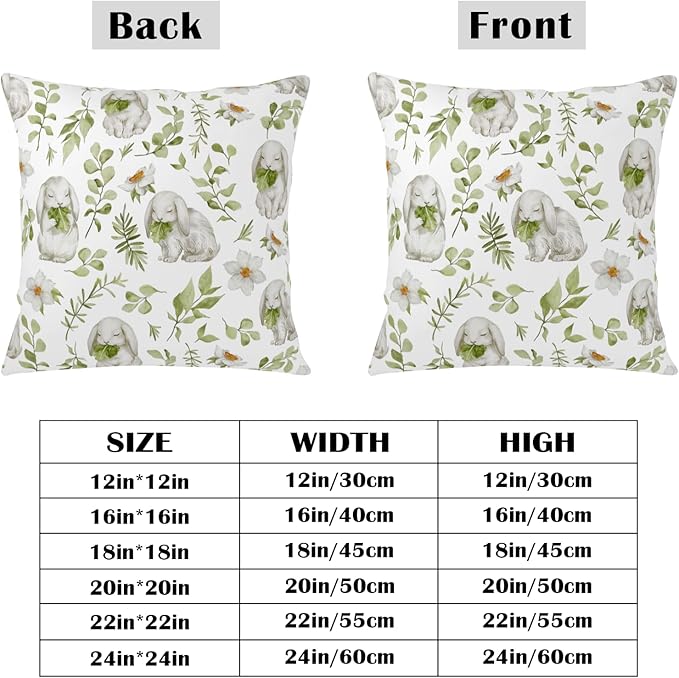 Easter Outdoor Pillow Covers 22x22 Set of 2 Sage Green Bunny Floral Leaf Throw Pillow Covers Spring Rabbit Flower Farmhouse Pillowcase for Home Couch Sofa Decor