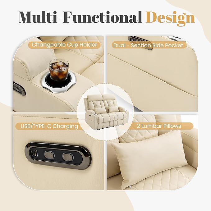 2-Piece Power Reclining Sofa Set, 3-Seater Sofa with Drop-Down Console & 2-Seater Loveseat, Zero Wall Hugger Electric Recliner Couch with Adjustable Headrest, AC Outlets (Light Beige, Loveseat)