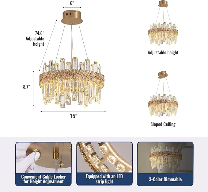 Luxury Crystal Chandeliers for Dining Room,14.9“ Gold K9 Crystal Chandelier,Adjustable Pendant Ceiling Light Fixture with Leaf-Edge for Living Room Foyer Entryway (Brass Gold 3, D15 H10)
