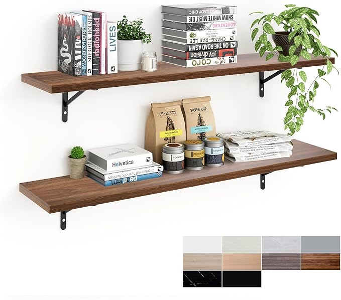 Kaboon 45 inch Long 10 inch Deep Floating Shelves for Wall Set of 2, Large Open Shelves Wall Mounted, Space Saving Home and Commercial Use, Walnut
