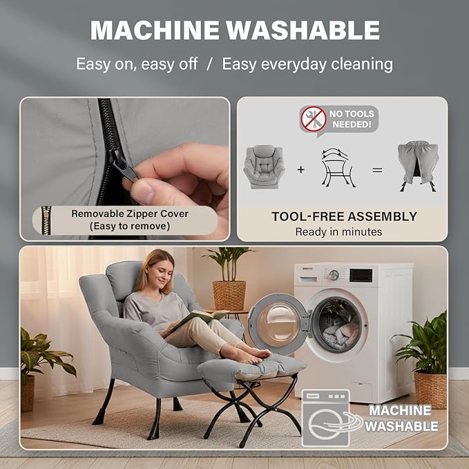 Cozy Lazy Chair and Ottoman, Large Light Grey Contemporary Accent Chair Set, Leisure Upholstered Reading Armchair for Office, Bedroom, Living Room, Dorm Rooms, Balcony