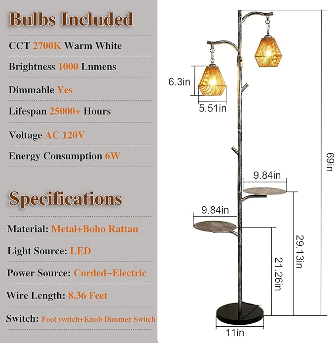 Hsyile Arc Floor Lamp with Cage Shade,Rattan&Fabric Boho Floor Lamps for Living Room Bedroom,Silver Gray Industrial Dimmable Floor Light,Farmhouse Rustic Tall Lamp for Office Reading