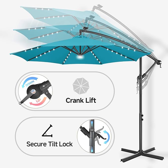 Solar Offset Patio Umbrella - 10 FT Solar Cantilever Umbrella Outdoor with 40 LED Lights and Cross Base, UV Protection for Garden, Deck, Backyard, Pool, Porch, Aqua Blue