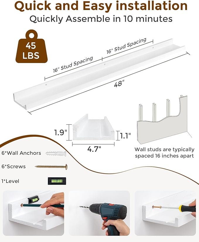 Axeman Oak Picture Ledge Shelf, 48 Inch Floating Shelves Set of 2, Solid Oak Wood Wall Shelves with Lip, Wall Decor Storage for Bedroom Living Room Bathroom Kitchen Nursery Photo Picture, White