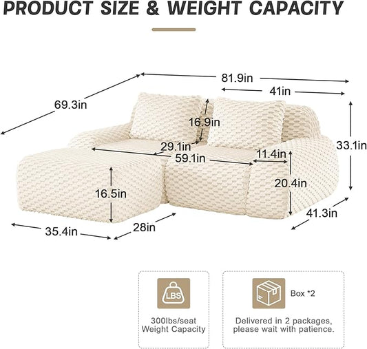 KEIKI 81.9" Loveseat Boneless Couches for Small Living Room, Modern Modular Sectional Velvet Sofa with Ottoman, Soft Deep Seat Relaxing Couch for Apartment Furniture, Chaise Lounge Indoor, Cream