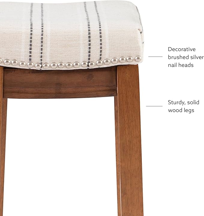 Linon Kingston Natural Wood with Upholstered Linen seat 24 Inch Seat Height Backless Counter Stool