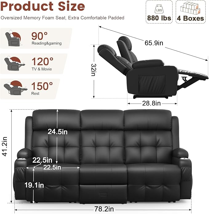 Recliner Sofa, Massage Reclining Sofa 3 Seater Sets Heavy Weight Capacity, RV Loveseat Couch Clearance with Flip Back Console, Storage, Cup Holders, Wall Hugger Reclining Couch for Living Room