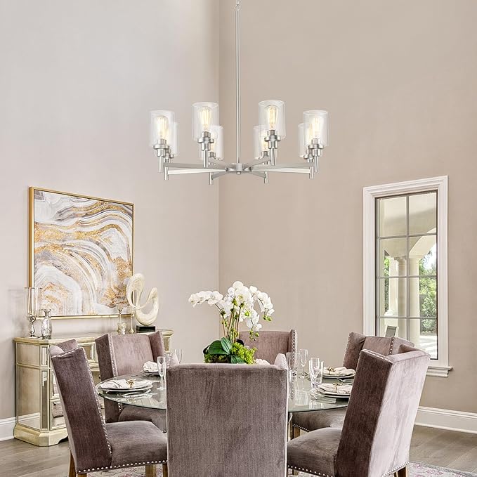 Brushed Nickel Chandeliers for Dining Room | 8 Lights Living Room Light Fixture Over Table | Farmhouse Chandelier with Clear Glass Shade | Hallway Lighting for Kitchen Island | Bedroom | Restaurant