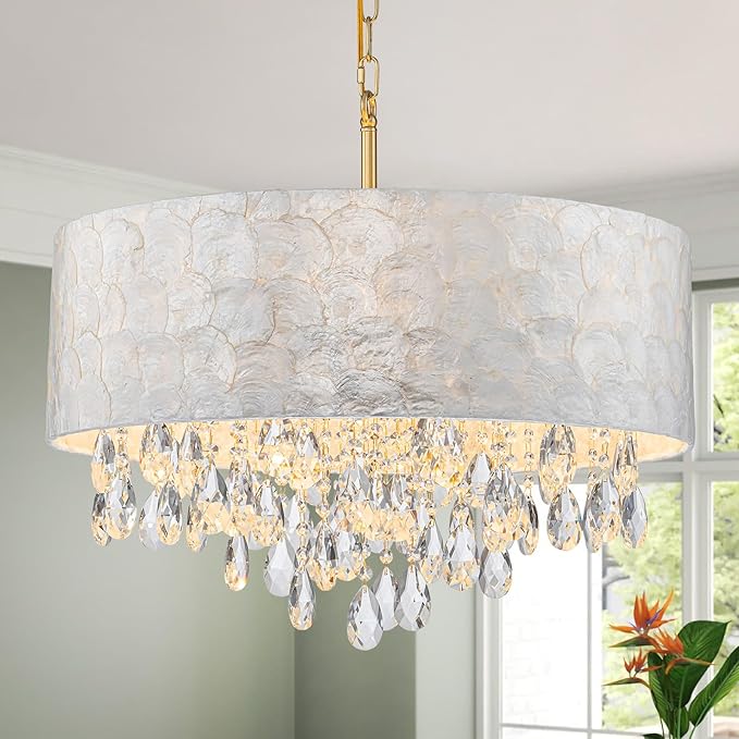 X-Large 6-Light Drum Capiz Shell Crystal Chandeliers, Coastal Style Pendant Light Fixture for Dining Room, Living Room, D24 x H23~71 inch(Adjustable), Shell Lampshade & Gold Finish