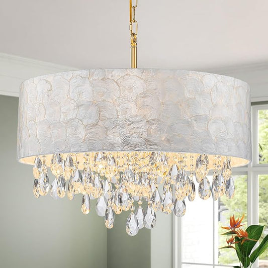 X-Large 6-Light Drum Capiz Shell Crystal Chandeliers, Coastal Style Pendant Light Fixture for Dining Room, Living Room, D24 x H23~71 inch(Adjustable), Shell Lampshade & Gold Finish