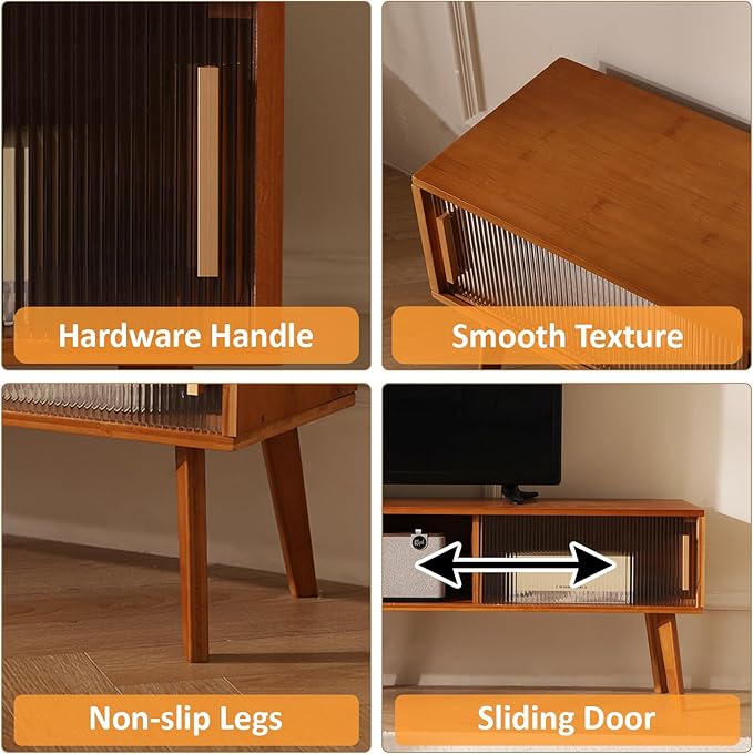Bamboo TV Stand Entertainment Center tv Console, Mid-Century Modern Television Stand for 55-65 inch TVs, Wood TV Stand with Storage, Tv Stands for Living Room, Bedroom and Home Decor, Brown