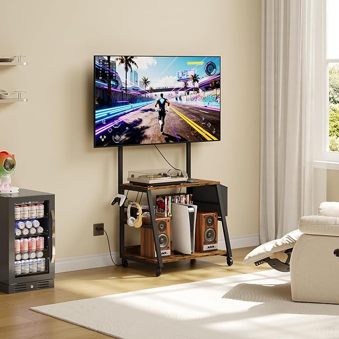 Mobile TV Stand with Charging Station, Adjustable Mount and Wheels, Rolling TV Console Table, Entertainment Center, for up to 75 inch TVs, 3-Tier Storage Shelf, Rustic Brown and Black TDS03UBF