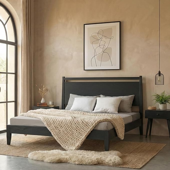 NTC Adept Wooden Bed Frame with Headboard, Solid Oak and Rubber Wood Foundation with Silent Slats and Wood Central Supports, 1000 Lb Capacity, Effortless Assembly, Queen - Burnt Black