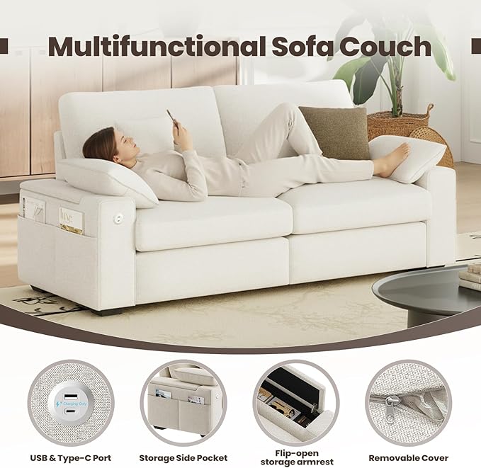 MALOL 76" Loveseat Sofa, Cloud Foam Couch, 3 Seater Upholstered Midcentury Mondern Love Seat with USB Type C Ports, 4 Pillows and Flip-Open Storage Armrest for Living Room/Small Spaces, Beige