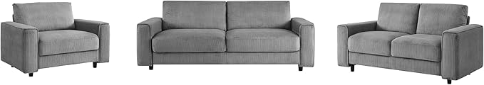 AC Pacific Derek 3 Piece Modern Corduroy Couches for Living Room, Tufted Sofas with Plush Upholstery, High-Density Foam, Sleek Black Legs, Durable Wooden Frame, Sofa, Loveseat and Chair Set, Grey