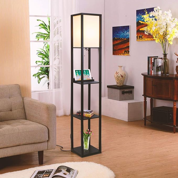 Brightech Maxwell – Modern Shelf Floor Lamp with USB Ports, Wireless Charging & Outlet – Versatile Corner Display and Lamp with Shelves, Storage Solution for Living Room, Office, Bedroom – Black