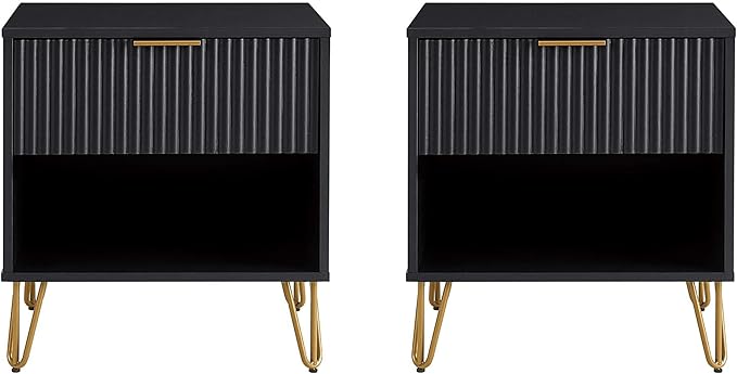 Manhattan Comfort Dumbo Modern Nightstand 1.0 with 1 Drawer and Metal Feet | Splayed Gold Legs | Vertical Ribbed Design | No Tool Assembly Storage for Bedroom & Living Room, Set of 2, Black