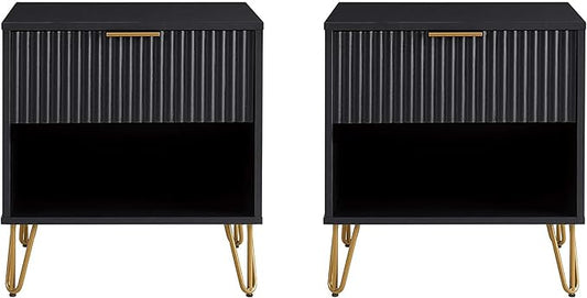 Manhattan Comfort Dumbo Modern Nightstand 1.0 with 1 Drawer and Metal Feet | Splayed Gold Legs | Vertical Ribbed Design | No Tool Assembly Storage for Bedroom & Living Room, Set of 2, Black