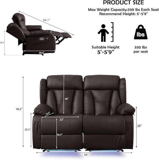 59" Loveseat Recliner Sofa, Manual Reclining Double Loveseat with USB-A & USB-C Ports/LED Lights, RV Couch for Living Room & Home Theater with Cup Holders/Side Pockets (Brown with LED)