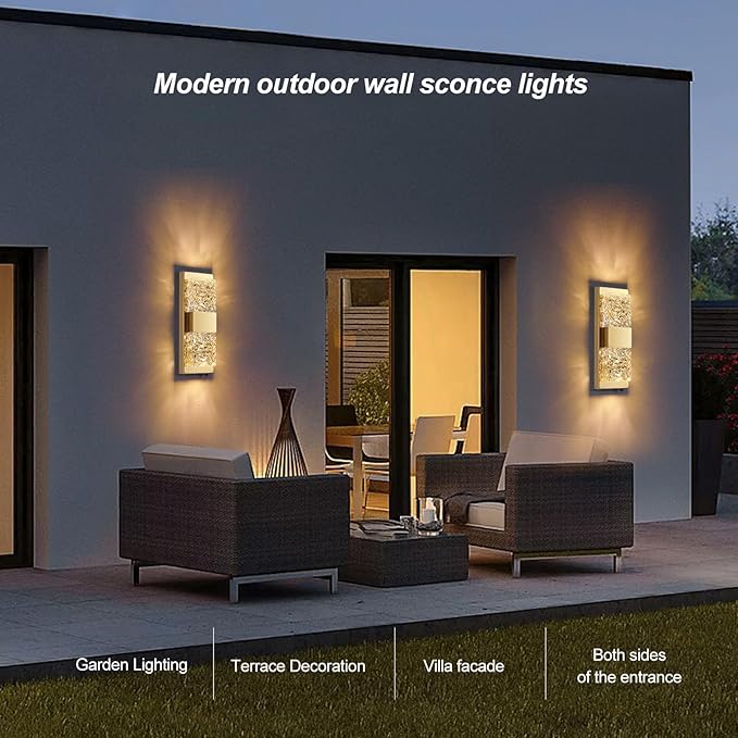 Dusk to Dawn Outdoor Lighting,Porch Lights Outdoor 14.2'' IP65 Waterproof Exterior Lighting Fixtures 12W LED Crystal Modern Outside Lights for Hallway Doorway Porch Patio Backyard, Gold, 2PCS