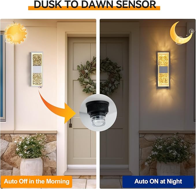 Dusk to Dawn Outdoor Lighting,Exterior Lighting Fixtures IP65 Waterproof Porch Lights Outdoor 12W LED Crystal Modern Outside Wall Sconce for Porch Hallway Doorway Patio,14.2'' White&Gold 2PCS