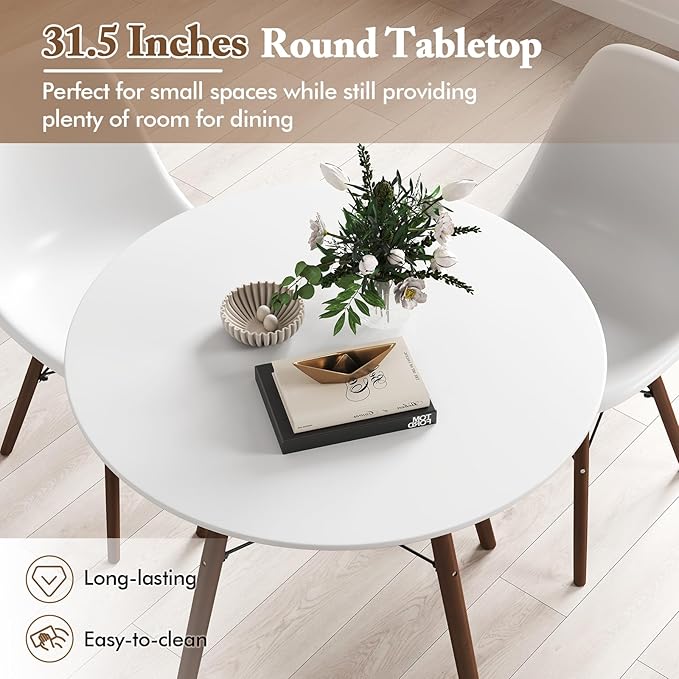 Giantex Round Dining Table Set for 4, 5-Piece Breakfast Nook Table Set w/ 31.5" Dinner Table, Dining Chairs, Wood Legs, Dinette Set, Kitchen Table Chairs Set for Living Room Restaurant (White+Walnut)