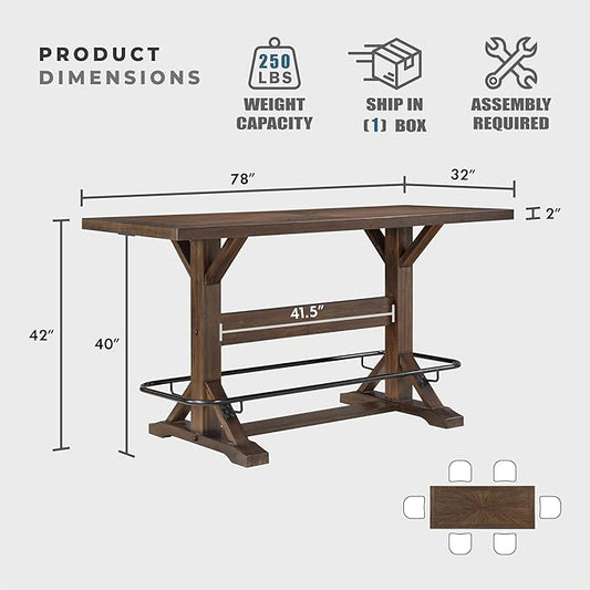 Lexicon 78 Inch Rectangular Bar Height Dining Table for 6, Rustic Farmhouse Kitchen Table, Rubberwood, Acacia Veneer, Black Metal Footrest, for Dining Room/Kitchen, Brown