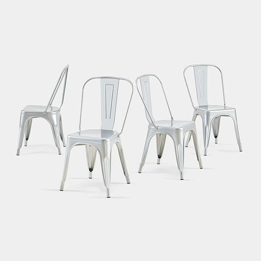 AC Pacific 18 Inch Seat Height Industrial Metal Dining Chairs, Stackable Kitchen or Bar Seat, Durable Modern Design, Versatile Accent Furniture, Set of 4, Silver