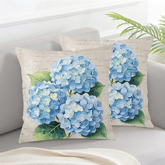 Vintage Blue Hydrangea Pillow Covers 18x18 Set of 2 Spring Summer Floral Outdoor Decorative Throw Pillow Cases Rustic Flowers Farmhouse Cushion Cover for Couch Sofa Porch Home Decor