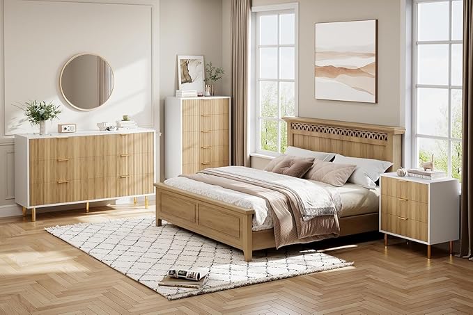 IDEALHOUSE Natural Dresser, Modern 5 Drawer Dresser for Bedroom with Gold Handle and Large Drawer, Wood Double Chest of Drawers and Storage Organizer for Living Room, Hallway, Entryway