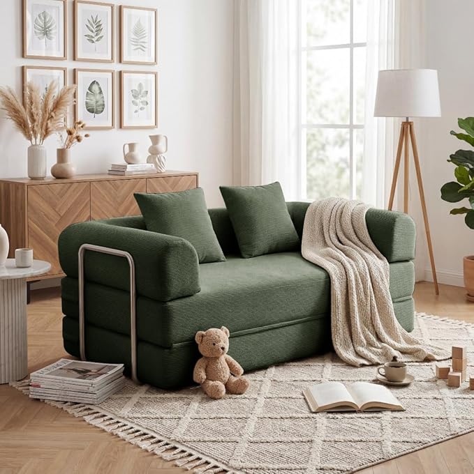 53.15'' Convertible Compressed Corduroy Folding Cloud Sofa Bed, Modern Boneless Pull Out Loveseat Sleeper in a Box, 4 in 1 Floor Mattress Futon Cloud Couch, No Assembly Needed, Green, 2 Pillows, Full