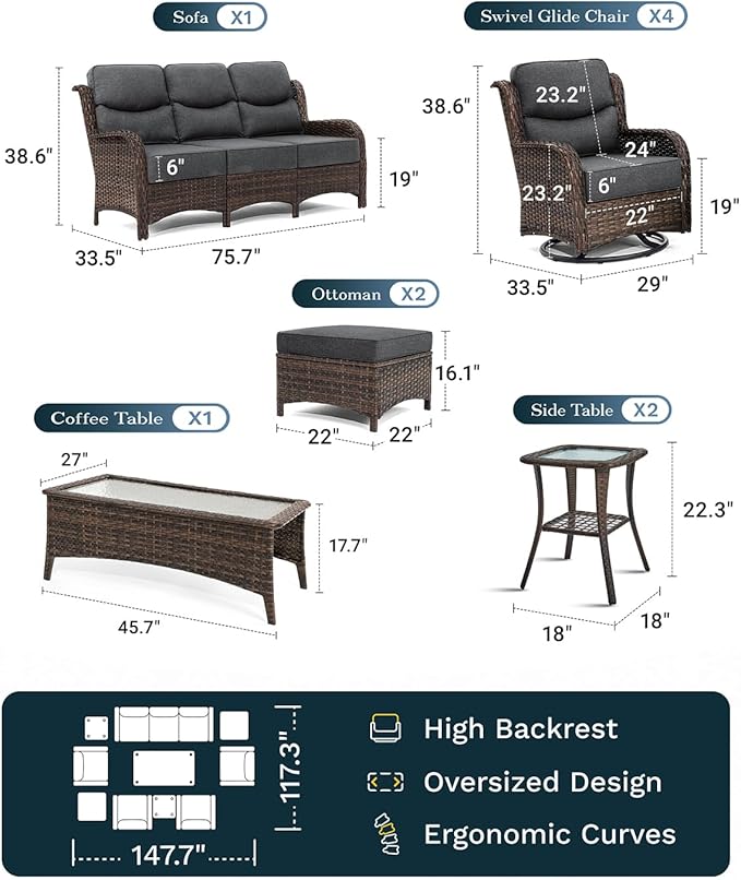 High Back Outdoor Furniture with Extra Thick Cushion Patio Swivel Rocking Chairs, Comfort 3-Seat Sofa, 10PCS Oversized Wicker Conversation Set for Porch, Deck, Yard in Dark Gray