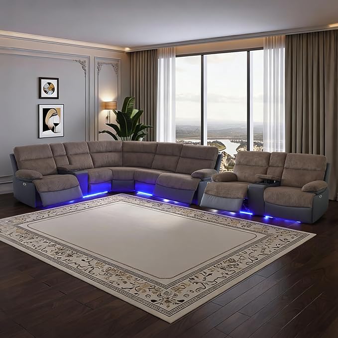 Power Corduroy Recliner Sectional Sofa with LED Light,L Shaped Reclining Couch with USB Charger/Cup Holder/Storage,Corduroy Sofa for Living Room Furniture Sets(Brown,Sectional+2 Seats)