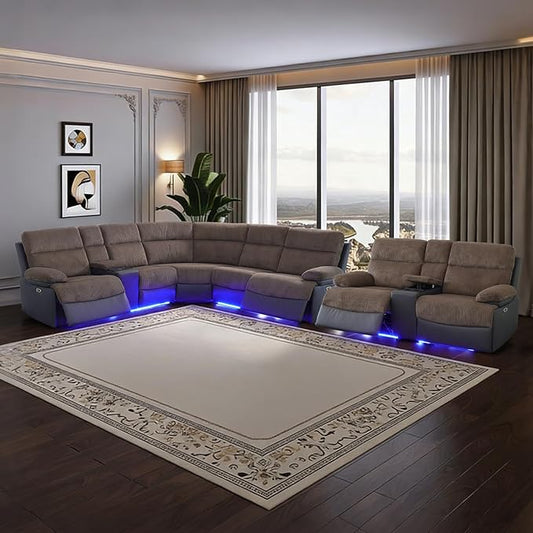 Power Corduroy Recliner Sectional Sofa with LED Light,L Shaped Reclining Couch with USB Charger/Cup Holder/Storage,Corduroy Sofa for Living Room Furniture Sets(Brown,Sectional+2 Seats)